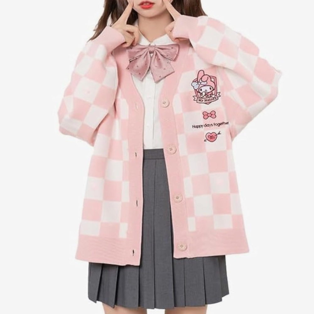 Kawaii Sweater Anime Plaid Cardigan Cosplay Costume V Neck Long Sleeve my melody